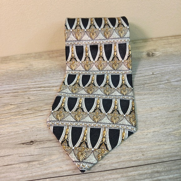 Pierre Cardin Other - Pierre Cardin Silk Tie Mens Black Gold Silver Geometric Baroque Ornate Formal
